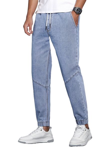 

men drawstring waist tapered jeans z775#, Blue