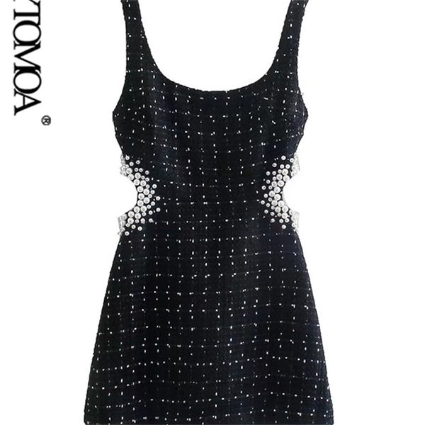 

kpytomoa women fashion with pearl beads hollow out tweed mini dress vintage backless zipper wide straps female dresses vestidos 220331, White;black