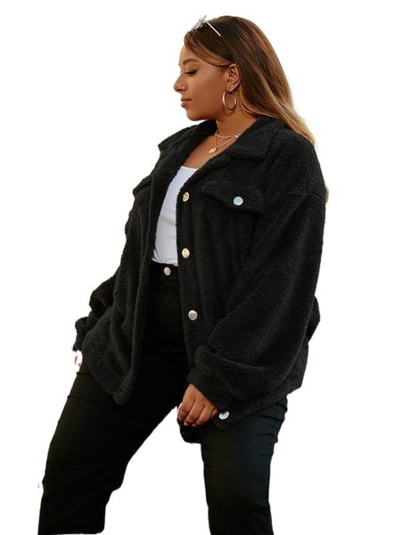 

plus fake pocket button teddy jacket r8zy#, Black