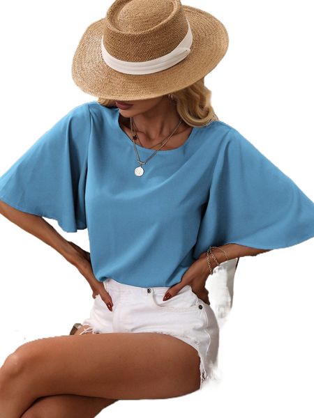 

solid butterfly sleeve blouse l68e#, White