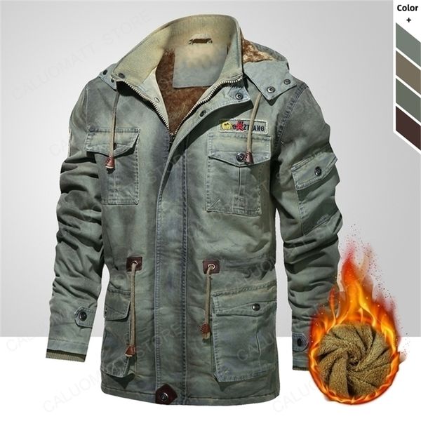 

winter parkas jacket men fashion vintage military jacket coat plus velvet thick mens casual hooded cotton padded outerwear 201119, Black
