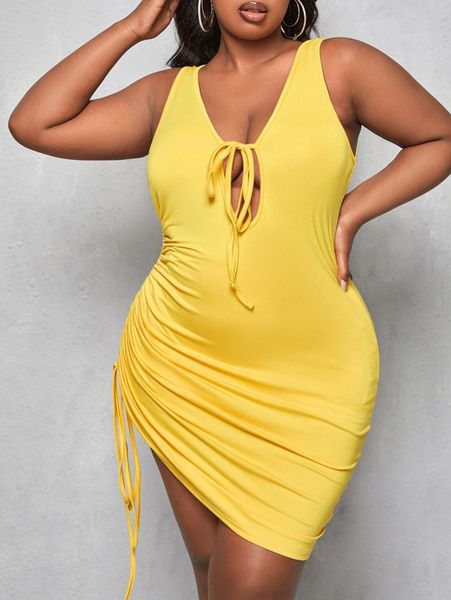 

sxy plus tie front drawstring side bodycon dress a9s5#, Black