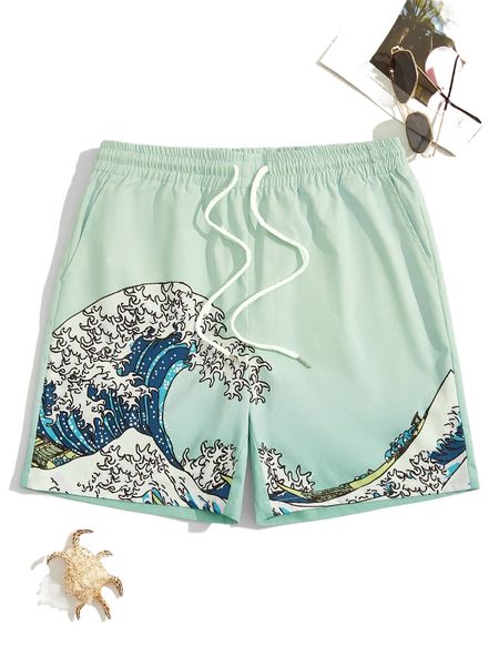 

men wave print drawstring waist shorts q0vm#, White;black