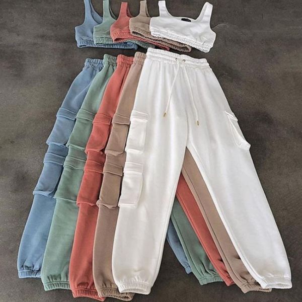 

women's two piece pants u neck sleeveless pockets cuffed pants casual sports sets 5xl, White