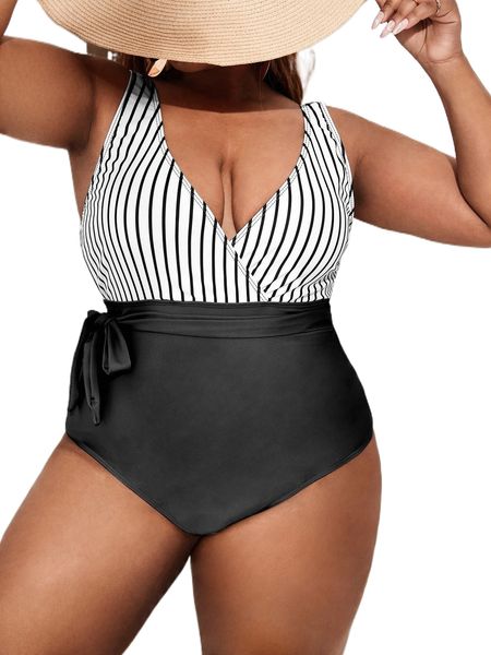 

plus striped knot side one piece swimsuit y1yd#, White;black