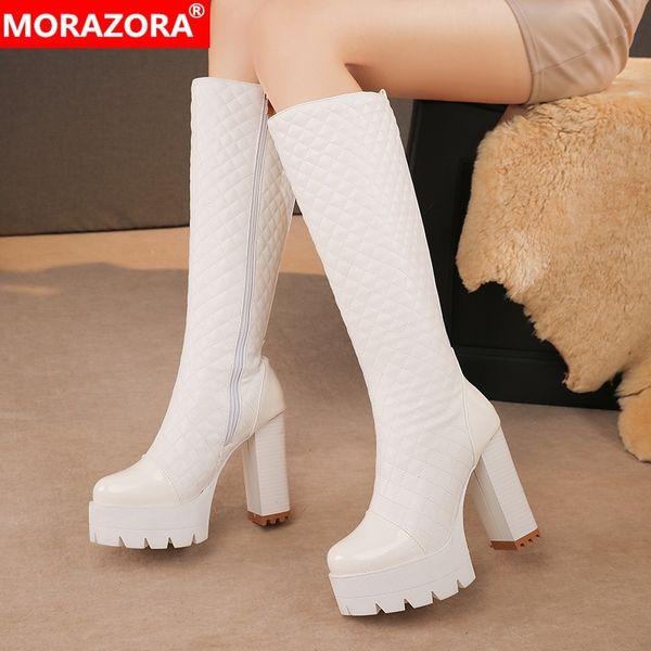 

morazora big size 3443 winter knee high boots extreme high heels platform ladies shoes women boots black white 210506