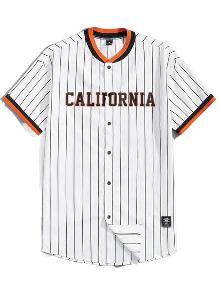 

men striped & letter graphic baseball collar shirt m5ql#, White;black