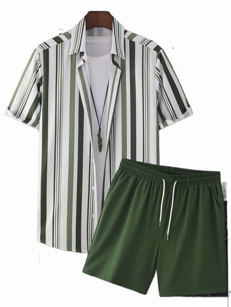 

men random colorful striped shirt & drawstring waist shorts without tee s6zc#, Gray