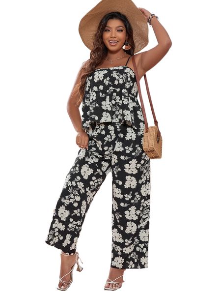 

plus allover floral print peplum cami & wide leg pants c2oo#, Black