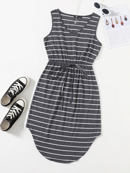 

knot waist curved hem striped dress z3di#, Black;gray