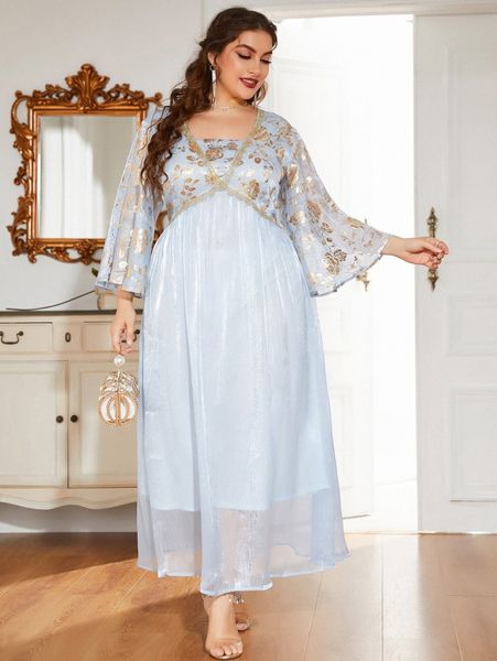 

plus golden floral print lace detail trumpet sleeve prom dress n5dt#, Black