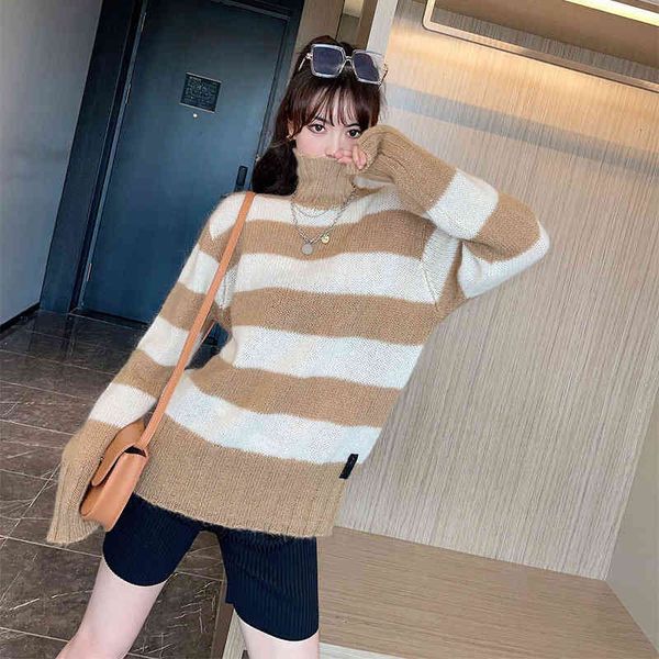 

women's knits & tees fd contrast stripe high neck mohair casual loose long lazy wind autumn and winter knitted sweater women's sty, White