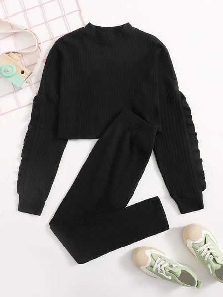 

girls ruffle trim drop shoulder & leggings set she, White