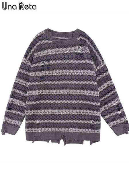 Una Reta Erkek Sweaters 2022 Kış Erkek Kıyafetleri Uzun Kollu Kırakkırılar Çizgili Jakar Delik Sokak Giyim Örme Sökü T220730