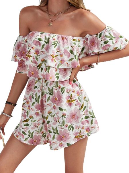 

floral print off shoulder ruffle trim romper o5d5#, Black;white