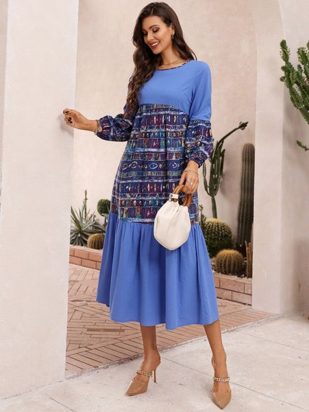 

geo print lantern sleeve dress 38fe#, Black;gray