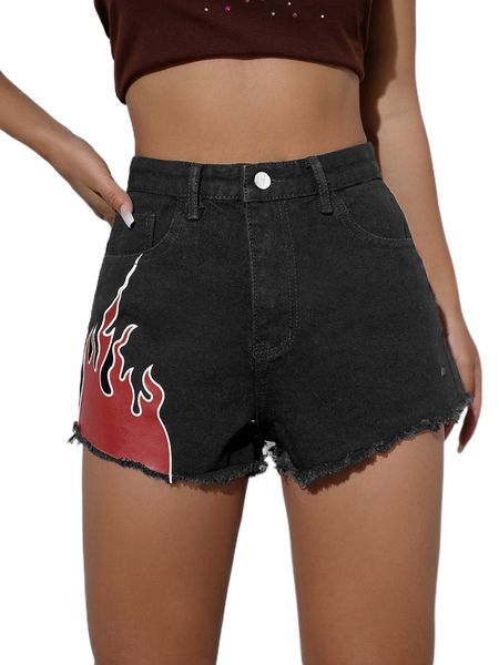 

high waist fire print raw trim denim shorts m34p#, White;black