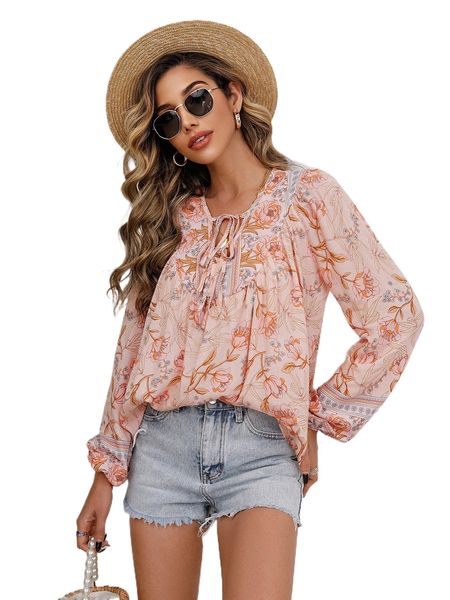 

allover floral print tie front blouse w1cf#, White