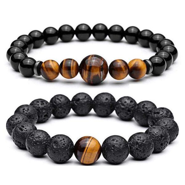 Commercio all'ingrosso MixFashion Healing Nature Stone Set di perline da uomo 12mm Tiger Eye Lava Rock Beads Bracciale Bangle per donna Uomo Gioielli