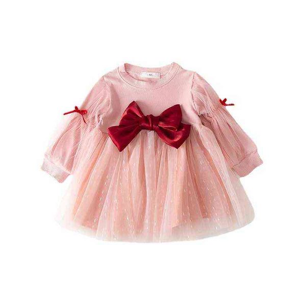 

2022 spring autumn girls korean bow tie round neck princess dress yarn sleeve cute baby girl dress veil y220510, Red;yellow