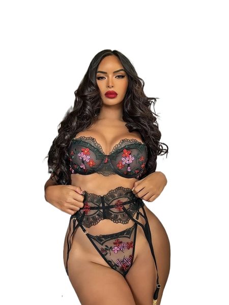 

3pack floral embroidered underwire garter lingerie set j9xw#, Black;red