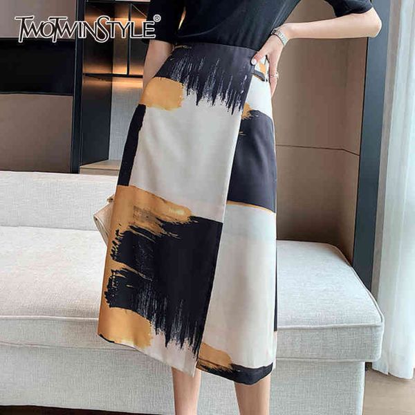 

irregular print midi skirt for women high waist hit color bodycon casual skirts female fashion clothing spring 210423, Black