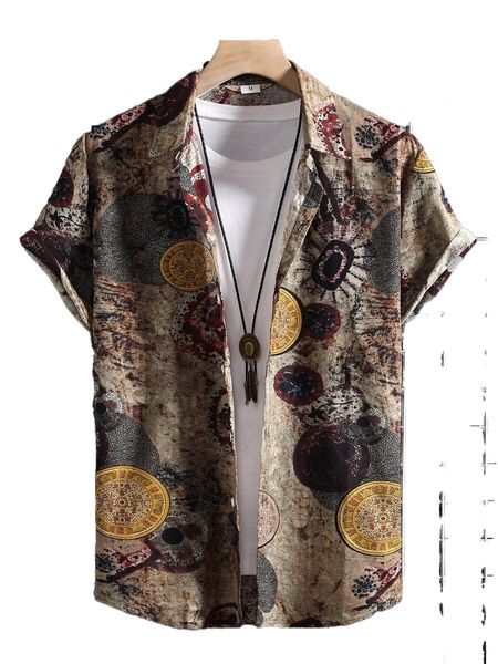 

men random leaf & mandala print high low shirt without tee m64v#, White;black