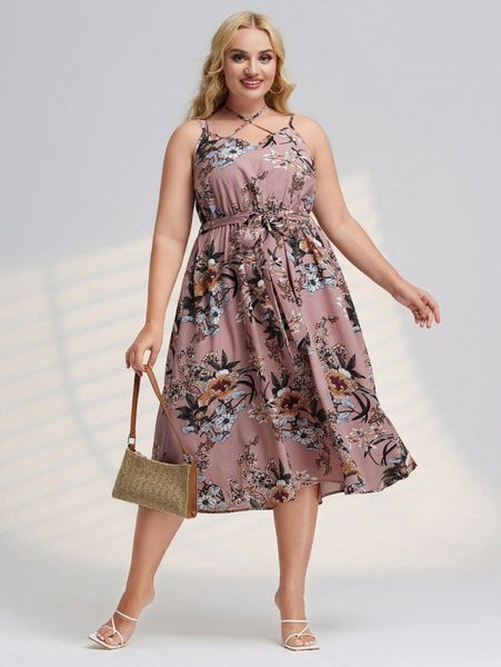 

plus floral print tie backless belted dress h3mg#, Black