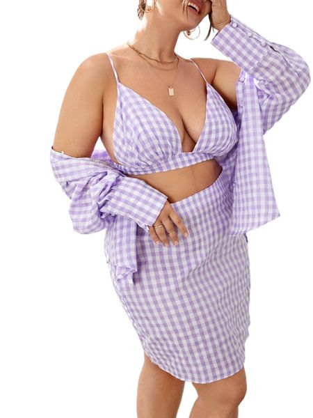 

plus gingham plunging neck tie backless crop cami & skirt & blouse a4i4#, Black