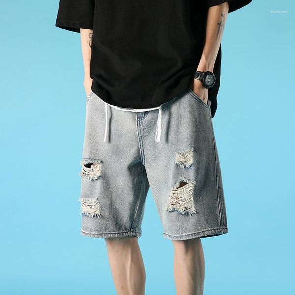 

men's jeans 2022 denim shorts perforated loose print casual pants capris, Blue