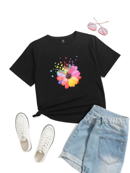 

plus butterfly & floral print tee k5zw#, Black