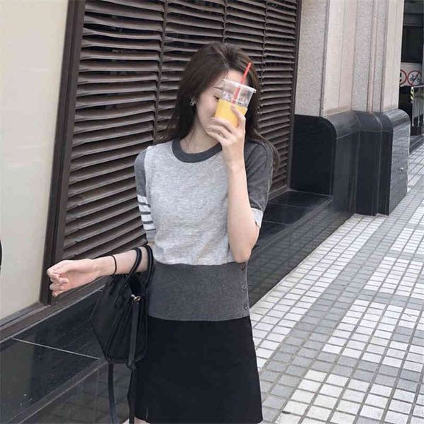 

spring and summer new hong kong style color matching round neck pullover sweater women's waist slim bottomed shirt thin t-shirt fashion, White
