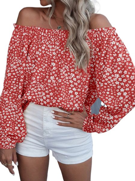 

floral print frill trim off shoulder lantern sleeve blouse a47a#, White