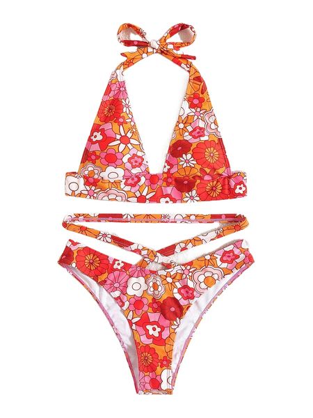 

floral halter bikini swimsuit 44u0#, White;black