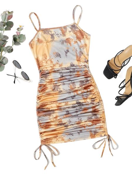 

ruched drawstring side tie dye bodycon dress y710#, Black;gray