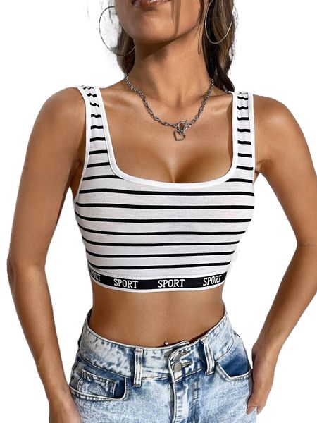 

striped print letter embroidery crop tank y1ux#, White