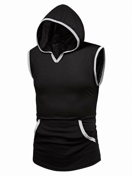 

men contrast trim kangaroo pocket hooded tank i2at#, White;black
