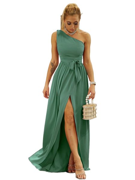 

joyfunear twist shoulder belted split thigh dress 42xa#, Black;gray