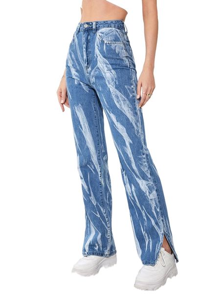 

graphic print high waist split hem jeans x2ar#, Blue