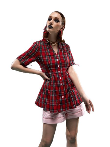 

x li wen button front plaid blouse x3lp#, White
