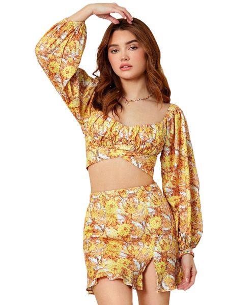 

floral print lantern sleeve off shoulder crop b6ja#, White