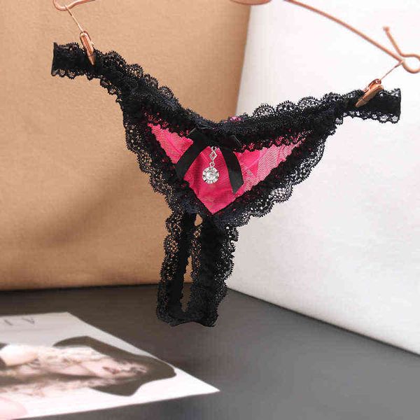 

2022 lace open crotch t-pants women's low waist transparent fun mesh pendant japanese temptation underwear thong w220324, Red;black