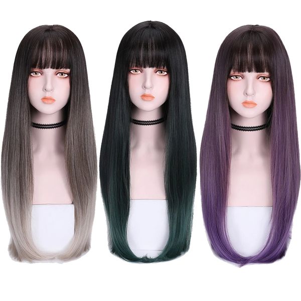 Парики длинный прямой парик для женщин с черным пурпурным слоистым слоистым синтетическим париком теплостойким парики лолиты с челками