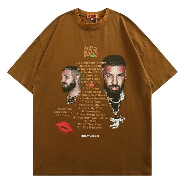 

2022 oversize t-shirt hip hop letter graphic tees shirts men washed vintage t-shirt cotton 08p, Black;brown