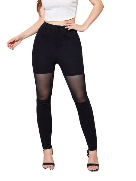 

x gloria mcqueen mesh panel tapered pants i1ia#, Black;white