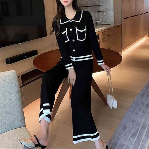 

hma autumn and winter arrival women vintage elegant sweater 2pcs fashion set casual knit wide leg pants suit 210331, Gray