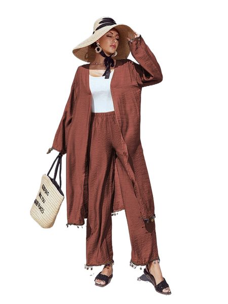 

fringe trim open front coat & pants g7fg#, White