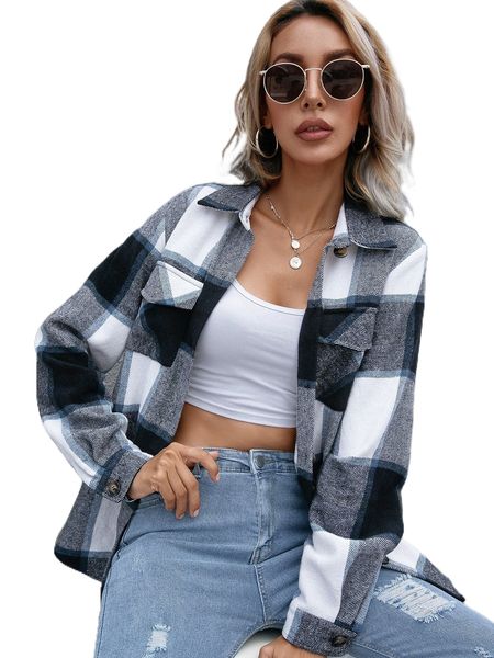 

flap pocket plaid shacket s6u4#, Black