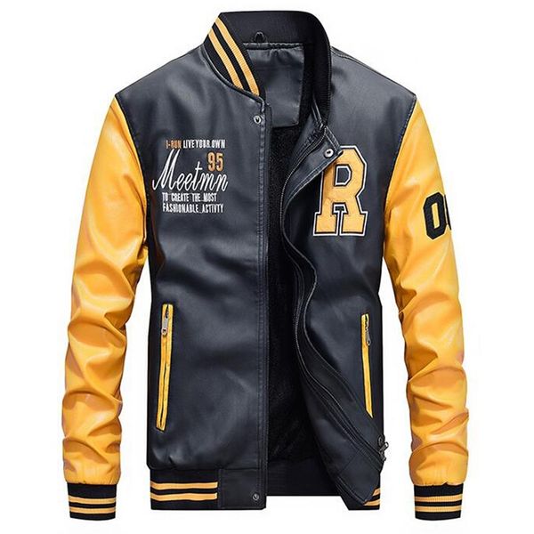 

jacket men embroidery baseball jackets pu leather coats slim fit college luxury fleece pilot leather jackets casaco masculino 220804, Black;brown