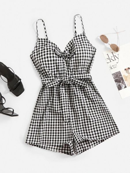 

gingham print knot front belted cami romper o1zq#, Black;white